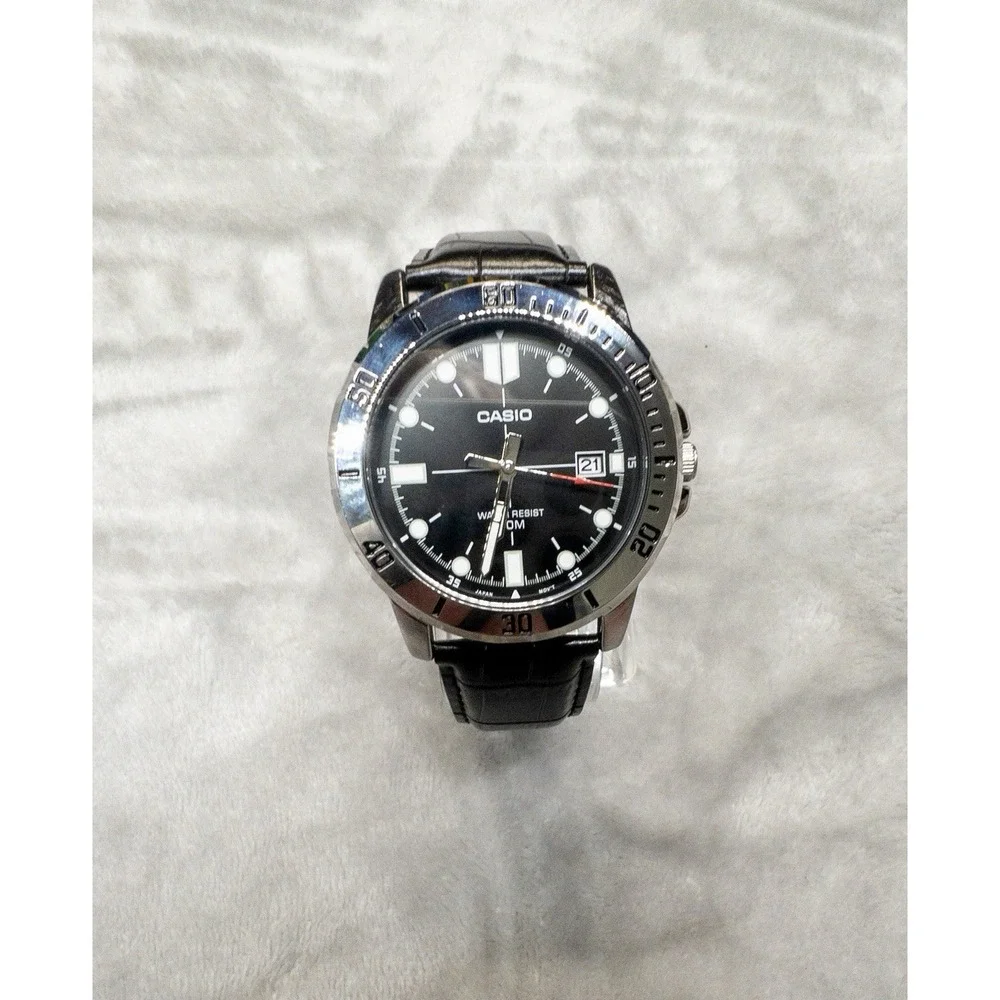 Casio MTP-VD01 Mens 43mm Day Indicator Watch Black Leather Band New Battery